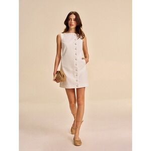 Commense Sleeveless Mini Dress Button Front Pockets Mod Style White Size S